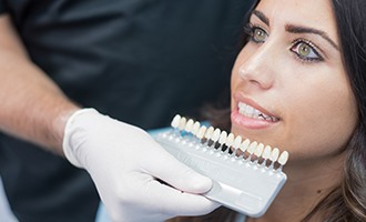 Woman's smile compared with tooth color chart