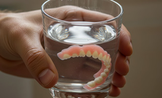 Dentures soaking in a glass of water 