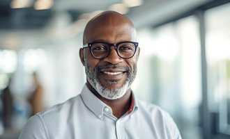 Middle-aged man wearing glasses and smiling