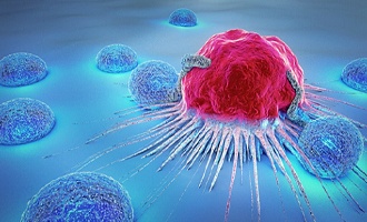 3D illustration of red cancer cell and lymphocytes